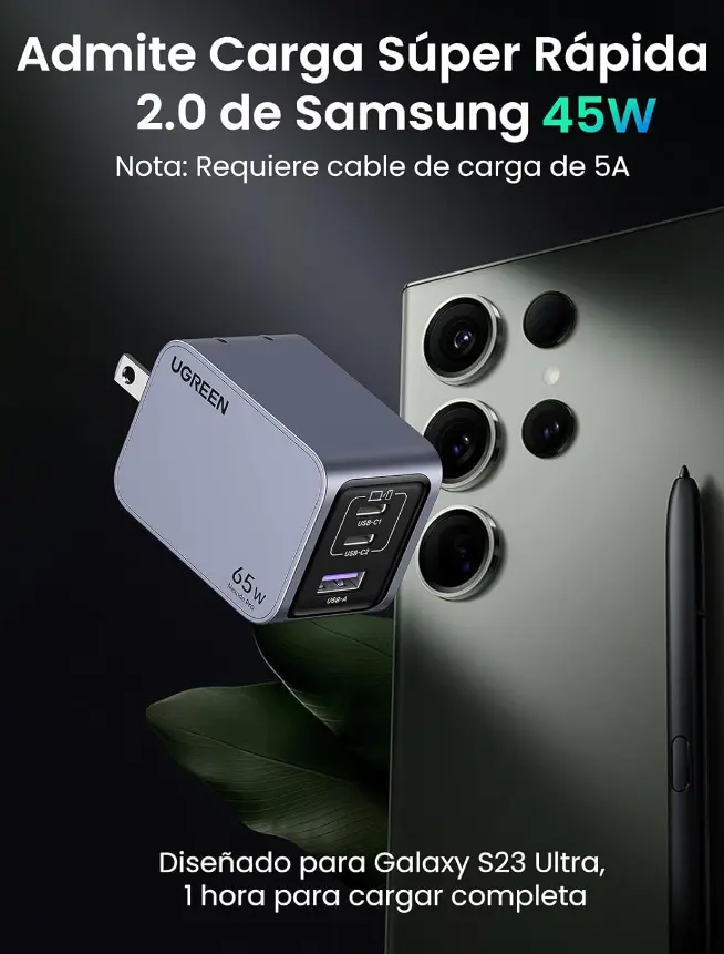 Cargador Usb C 65w Carga Rápida 3 Puertos Gan Ugreen Con Cable