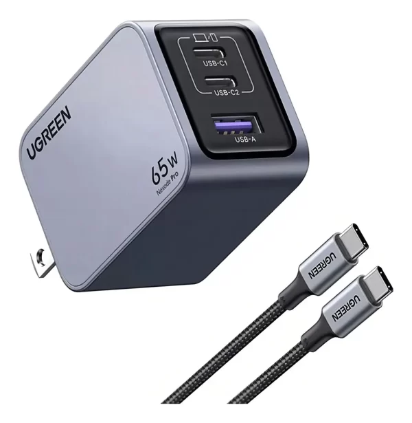 Cargador Usb C 65w Carga Rápida 3 Puertos Gan Ugreen Con Cable Cargador Usb C 65w Carga Rápida 3 Puertos Gan Ugreen Con Cable